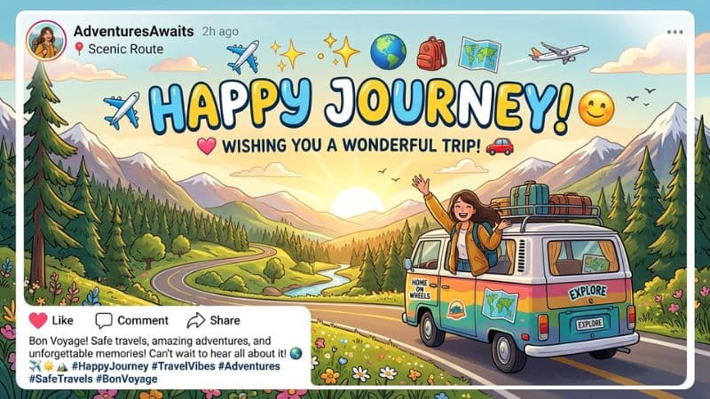 Happy Journey Wishes with Emojis and Social Media Style