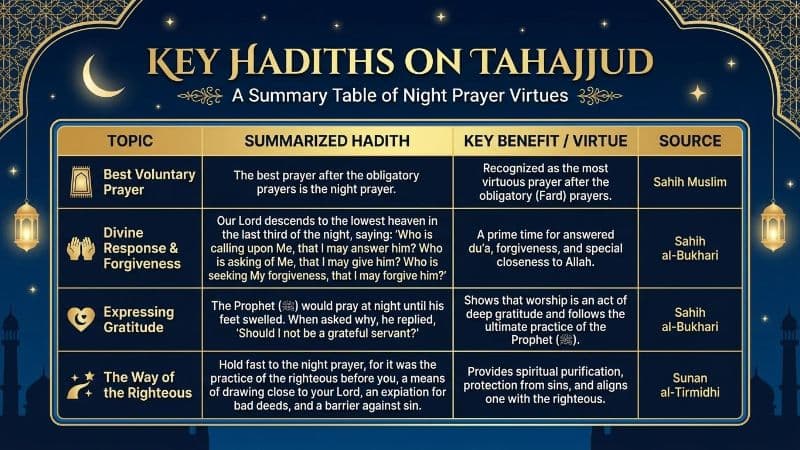 Key Hadith on Tahajjud Summary Table
